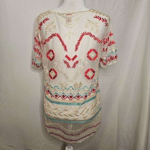 Sundance Size Large Sheer Boho Embroidered Red Turquoise Shear Short Sleeve Top - Picture 6 of 10